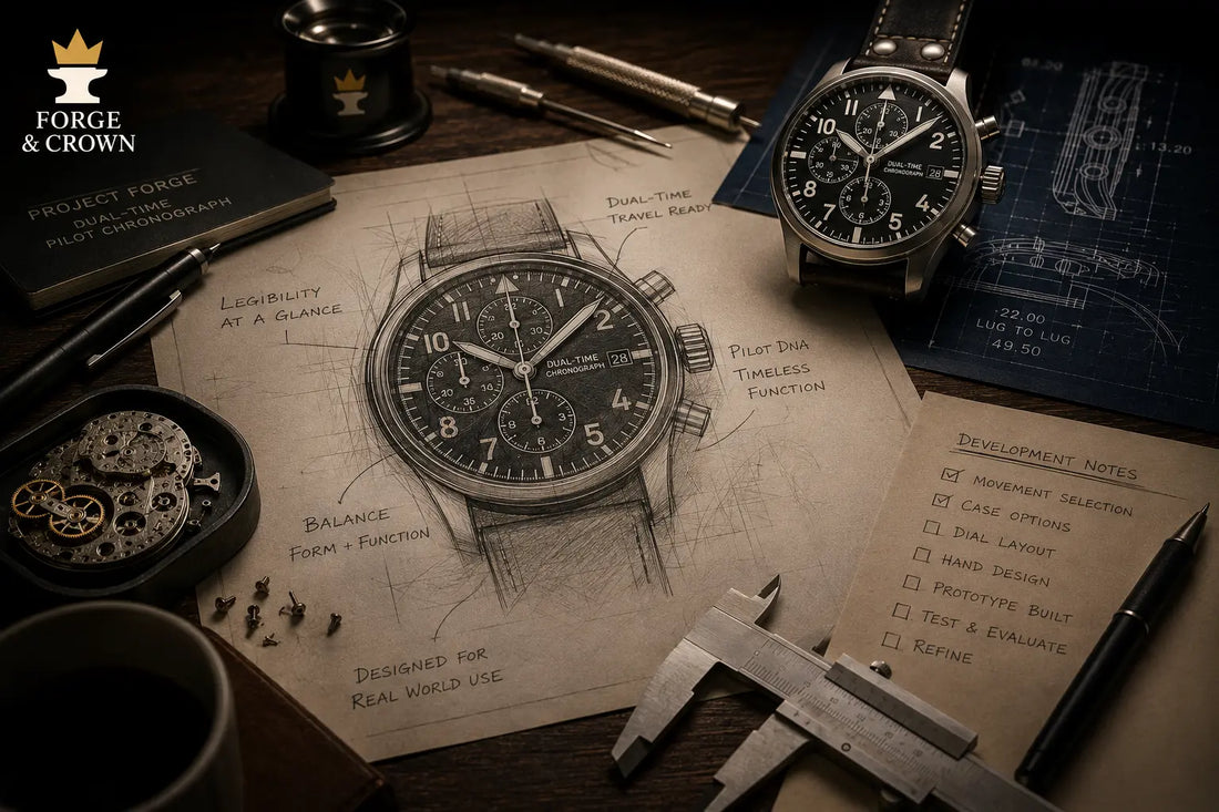 Forge & Crown Project Forge 001 dual-time pilot chronograph concept watch featuring a black pilot dial, aviation-inspired design, and integrated dual-time chronograph display.