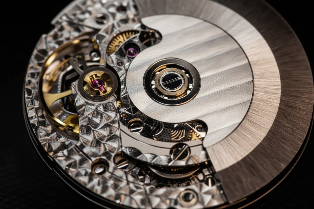 Picture of an genuine ETA 2824-2 Top Grade Swiss automatic watch movement showing its components — gear train, jewels, and rotor detail illustrating authentic watchmaking craftsmanship